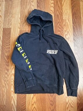 American Eagle Outfitters Black Pullover Hoodie with Neon Sleeve Accents